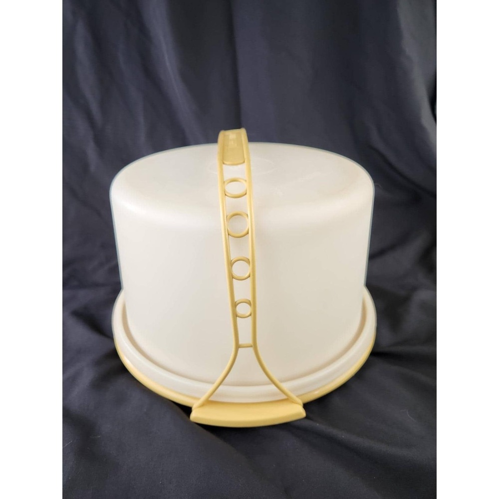 Vintage Tupperware Round Cake Carrier Harvest Gold Carry Handle Travel Desserts